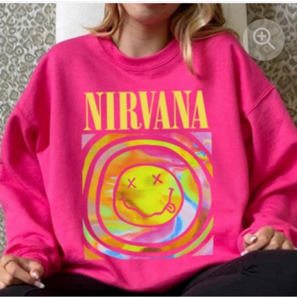 NIRVANA Multicolor Smiley Face Crew Sweatshirt Pink S Vibrant Bold Casual Lounge